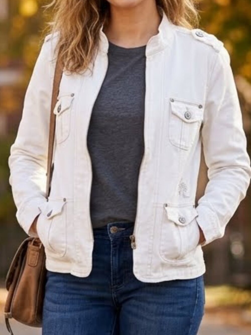 Lois Jeans & Jackets Women's White Utility Jacket Size M Embroidery Sequins